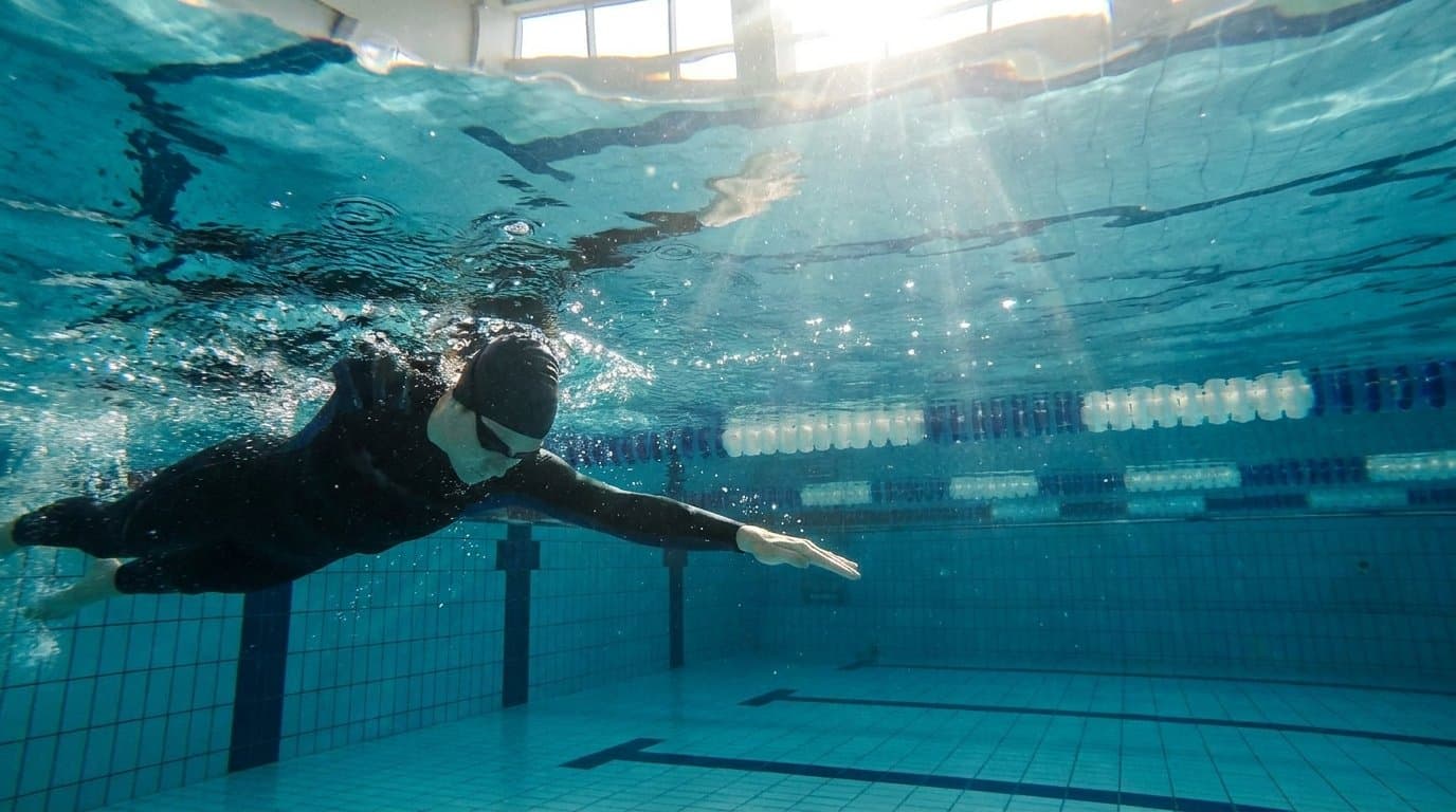 Einzelner Schwimmer zieht ruhige, effiziente Bahnen im Hallenbad – Unterwasseraufnahme.