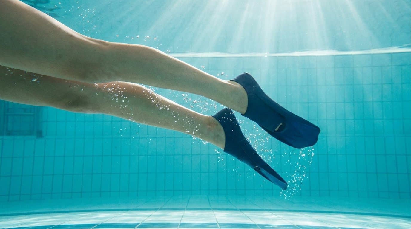 Beine eines Schwimmers mit Kurzflossen beim Beinschlag – Unterwasseraufnahme im Hallenbad.