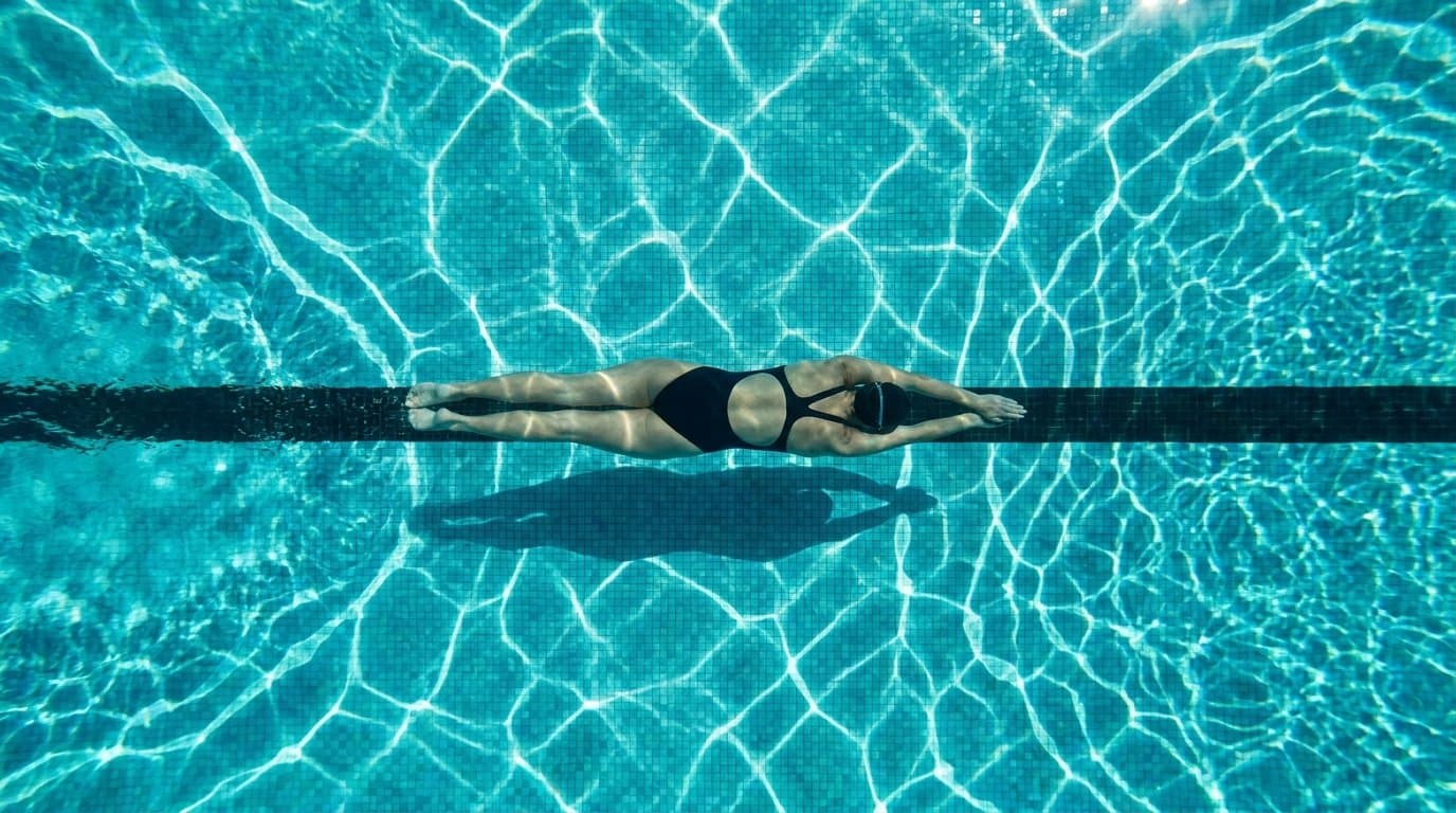 Blick über die Bodenlinie einer Schwimmbahn, ein Schwimmer gleitet darüber – Unterwasseraufnahme.