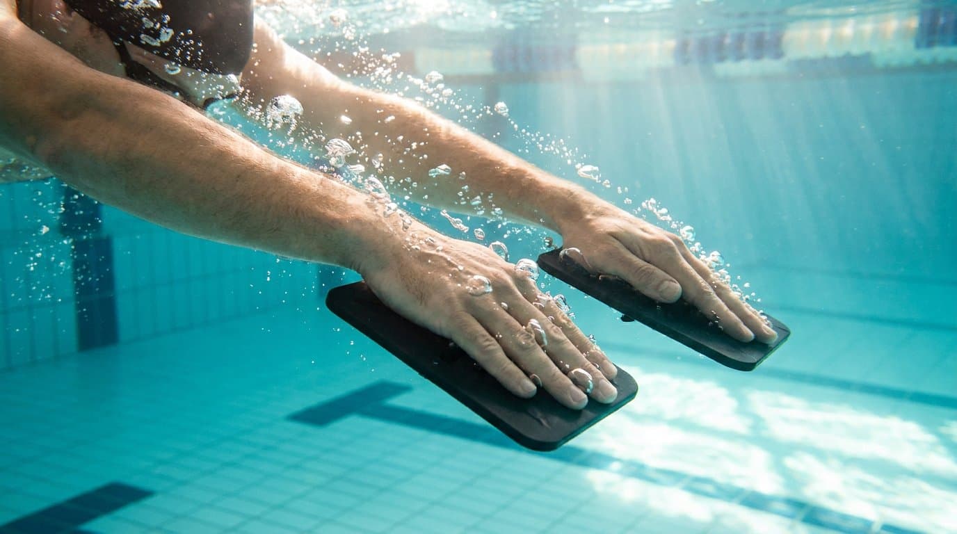 Hände eines Schwimmers mit Paddles beim Unterwasserzug – Aufnahme im Hallenbad.