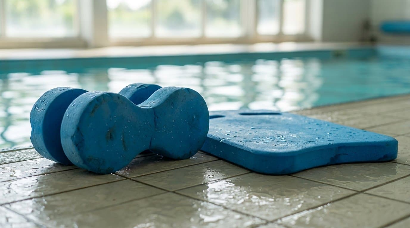 Pull Buoy und Schwimmbrett nebeneinander am Beckenrand eines Hallenbads.