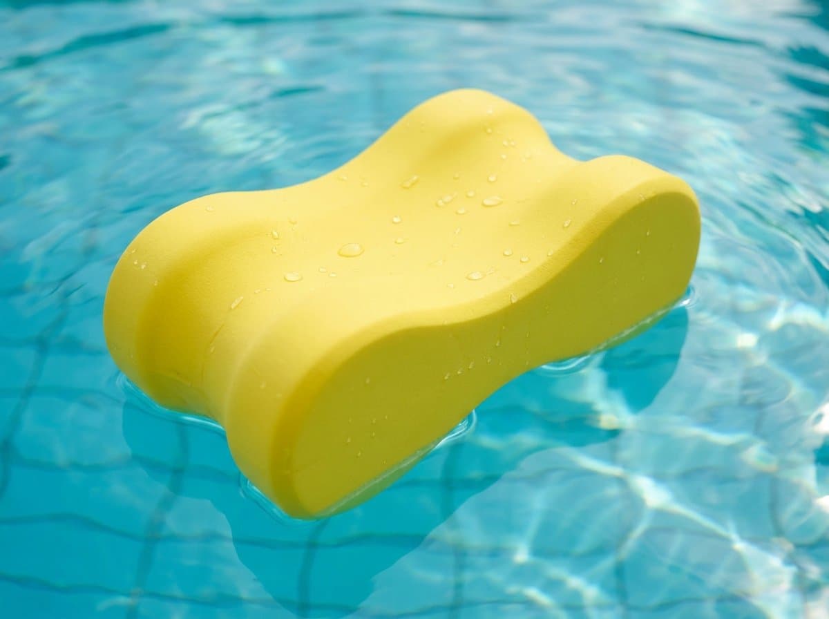 Ein gelber Pullkick treibt auf der Wasseroberfläche eines Schwimmbeckens.