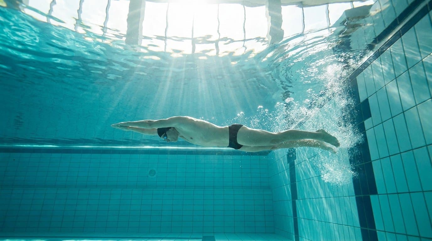Schwimmer gleitet nach dem Abstoß in enger Stromlinienlage durchs Becken – Unterwasseraufnahme.