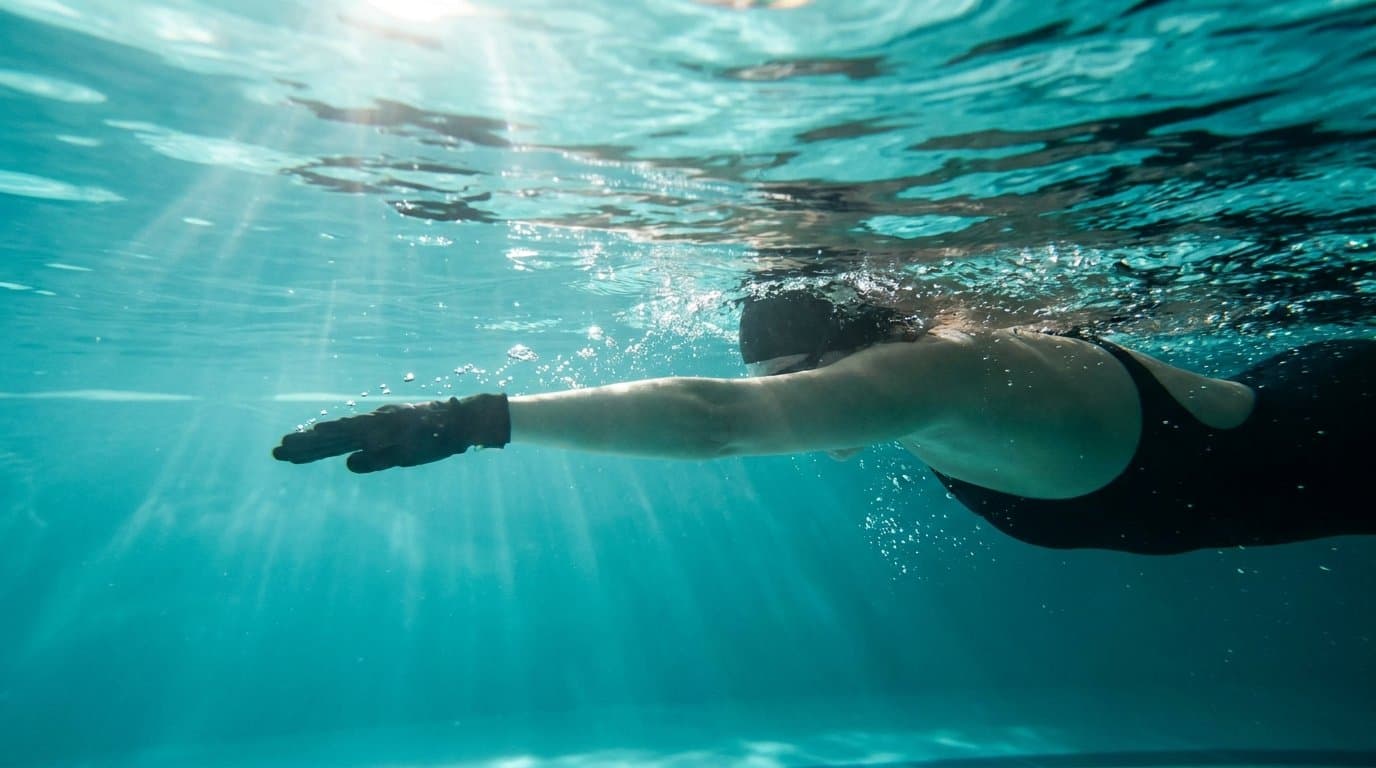 Kraulschwimmerin, deren Hand in Schulterlinie ins Wasser eintaucht und gerade nach vorn zeigt – Unterwasseraufnahme.