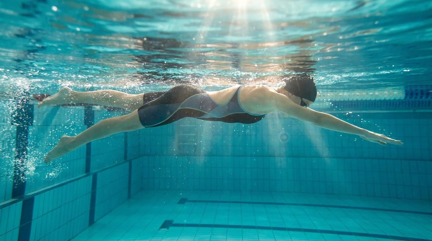 Schwimmerin in flacher, horizontaler Wasserlage beim Kraulen – Unterwasseraufnahme im Schwimmbecken.