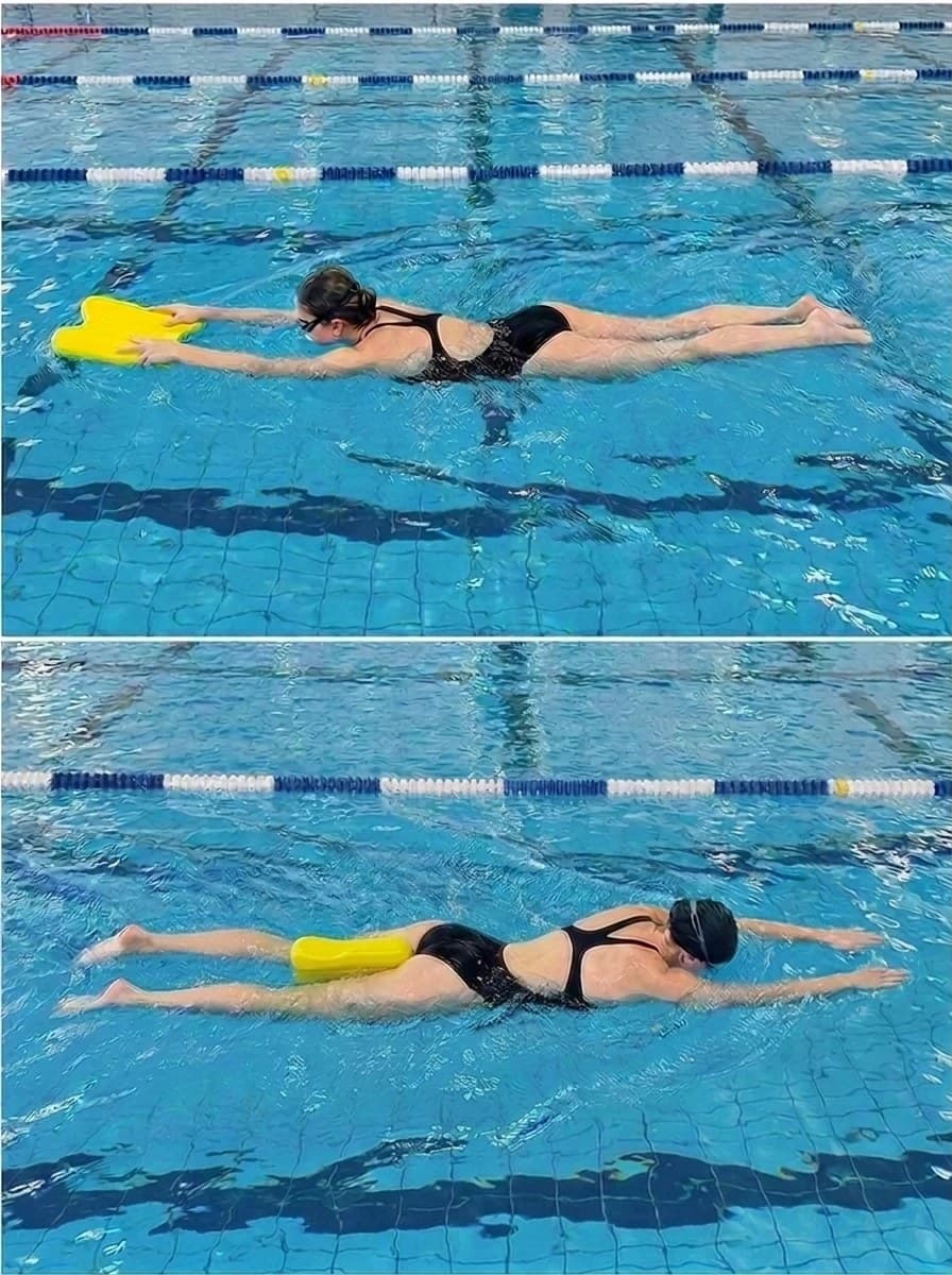 Two shots in a swimming pool: on top a swimmer holding the yellow pullkick as a kickboard while kicking, below with the pullkick as a pull buoy between the thighs while doing arm pull.